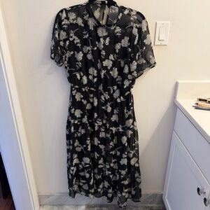Lulus Black Floral Sheer Midi Dress | Size L | Elastic Waist | Romantic